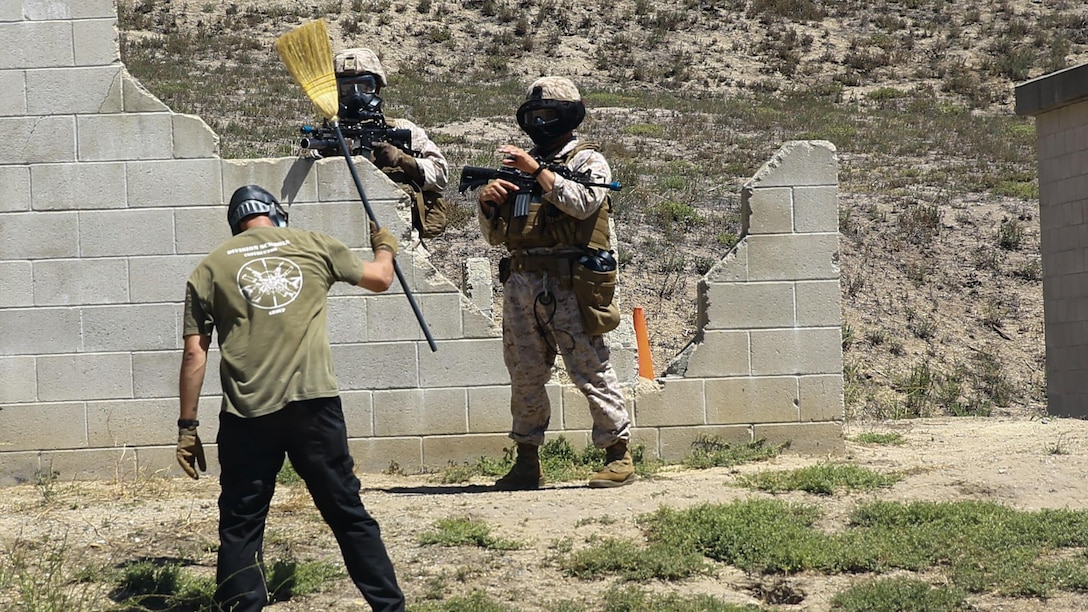 Marines with 1st Battalion, 7th Marine Regiment, and 2nd Battalion, 7th Marine Regiment, practice handling a simulated enraged enemy during the culminating event of 1st Marine Division Schools’ Urban Leaders Course at Marine Corps Base Camp Pendleton, Calif., Aug. 12, 2015. The course is a 15-day period of instruction that includes classwork, combat marksmanship and physical training in a simulated urban combat environment. 