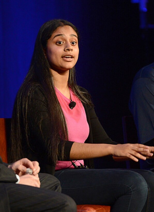Trisha Prabhu tells fellow panel members and audience members about her real-life experiences with cyberbullying and how she made a difference during a panel discussion at the Military Child Education Coalition’s 2015 National Training Seminar in Washington, D.C., July 31, 2015. DoD photo by Marvin Lynchard
