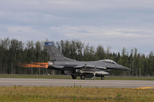 A U.S. Air Force F-16 Fighting Falcon from the 148th Fighter Wing, Duluth, Minnesota, takes-off at Eielson Air Force Base, Alaska, Aug. 11, 2015, during RED FLAG-Alaska 15-3.  RF-A is a Pacific Air Forces commander-directed field training exercise for U.S. and partner nation forces, providing combined offensive counter-air, interdiction, close air support and large force employment training in a simulated combat environment.  (U.S. Air Force photo by Master Sgt. Ralph Kapustka/Released)