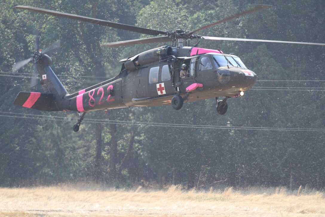 A California Army National Guard UH-60 Black Hawk helicopter flown by Chief Warrant Officer 3 Scott St. Aubin prepares to land at the Eel River Conservation Camp in Redway, Calif., Aug. 17, 2015, in preparation for a wildfire-fighting mission. The helicopter is marked with water-based high visibility paint to make it easier for ground and air control personnel to identify aircraft. California Army National Guard photo by Staff Sgt. Eddie Siguenza