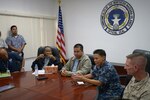 CAPITOL HILL, Saipan (Aug. 18, 2015) - Rear Adm. Bette Bolivar, Commander Joint Region Marianas, speaks with Saipan media during a press conference with Federal Emergency Management Agency Federal Coordinating Officer Steve DeBlasio, Commonwealth of the Northern Mariana Islands Gov. Eloy Inos, Lt. Gov. Ralph Torres, and  Lt. Col. Eric Malinowski, 31st Marine Expeditionary Unit Liaison, August 18. The press conference was scheduled to address the military’s involvement in disaster relief efforts in Saipan after Typhoon Soudelor, and to announce the departure of the Navy and Marine Corps from the island, as the Federal Emergency Management Agency, Red Cross, and local government take over relief efforts. 