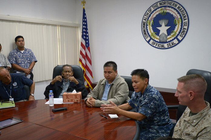 CAPITOL HILL, Saipan (Aug. 18, 2015) - Rear Adm. Bette Bolivar, Commander Joint Region Marianas, speaks with Saipan media during a press conference with Federal Emergency Management Agency Federal Coordinating Officer Steve DeBlasio, Commonwealth of the Northern Mariana Islands Gov. Eloy Inos, Lt. Gov. Ralph Torres, and  Lt. Col. Eric Malinowski, 31st Marine Expeditionary Unit Liaison, August 18. The press conference was scheduled to address the military’s involvement in disaster relief efforts in Saipan after Typhoon Soudelor, and to announce the departure of the Navy and Marine Corps from the island, as the Federal Emergency Management Agency, Red Cross, and local government take over relief efforts. 