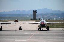 The Thunderbirds prepare to take off during the 2015 Dakota Thunder airshow and open house at Ellsworth Air Force Base, S.D., Aug. 15, 2015. Along with the 30 aircraft static displays, the airshow featured the Thunderbirds, who performed various aerobatic maneuvers, amazing the crowds with their flight precision. (U.S. Air Force photo by Airman Sadie Colbert/Released)