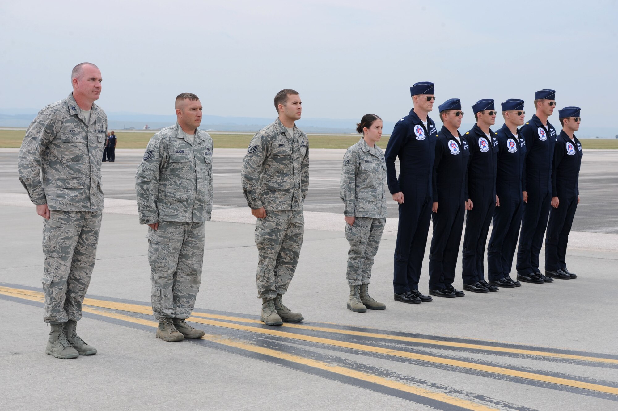 Ellsworth Airmen were recognized by the Thunderbirds pilots for their various achievements at a recognition ceremony as part of the 2015 Dakota Thunder airshow and open house at Ellsworth Air Force Base, S.D., Aug. 16, 2015. The special event was hosted by the Thunderbirds as part of their overall show, demonstrating their support for the Airmen and their accomplishments. (U.S. Air Force photo by Airman 1st Class Denise M. Nevins/Released)
