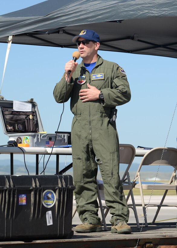 Col. Gentry Boswell, 28th Bomb Wing commander, kicks off the 2015 Dakota Thunder airshow and open house with the opening remarks at Ellsworth Air Force Base, S.D., Aug. 15, 2015. More than 51,000 military members, as well as attendees from near and far, engaged in activities throughout the two-day airshow. (U.S. Air Force photo by Senior Airman Rebecca Imwalle/Released) 