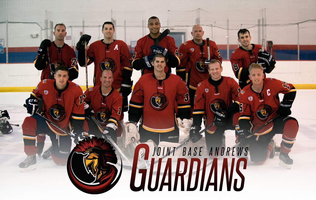 Joint Base Andrews Guardians stand in the middle of the rink after a 7 - 6 victory at Capital Clubhouse in Waldorf, Md., Aug. 5, 2015. JBA Guardians were founded December 2013. During 2015, the Guardians won the North Carolina Classic and went undefeated becoming the Washington Division Champions.  (U.S Air Force graphic/Airman 1st Class Philip Bryant)