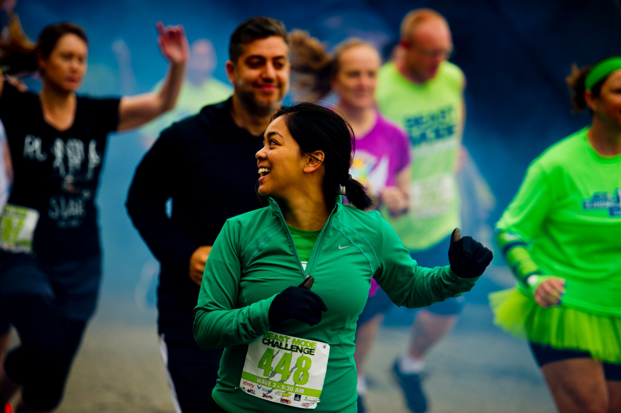 A participant in the Beast Mode Challenge sponsored by the Air Force Reserve, races through an obstacle course in Snoqualmie, Wash., Aug. 15, 2015. The challenge was composed of a 3.5-mile mud-ridden obstacle course - with 12 football-themed trials of hills, blockades, water, and sludge, created to trigger one's inner Beast Mode. A portion of the race proceeds and 100% of donations went directly to the  Fam 1st Family Foundation co-founded by Marshawn ‘Beast Mode’ Lynch of the Seattle Seahawks. The Fam 1st Family Foundation is dedicated to uplifting and empowering youth in the Bay Area and throughout the United States. The foundation’s mission is one of empowerment and education,aiming to build self-esteem and academic learning skills in underprivileged youth. (U.S. Air Force Reserve photo by Senior Airman Daniel Liddicoet/Released)
