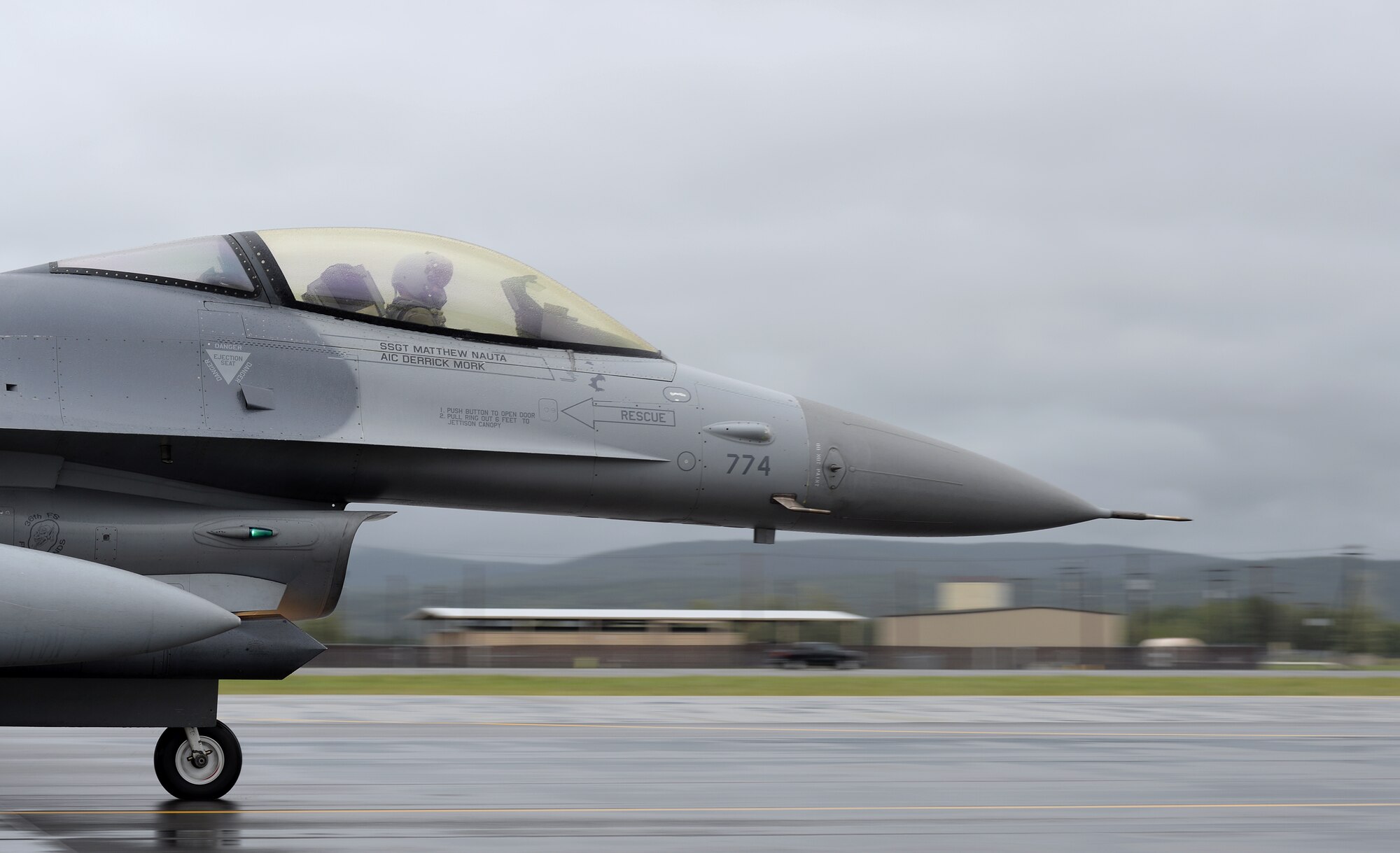 A U.S. Air Force F-16 Fighting Falcon assigned to the 36th Fighter Squadron from Osan Air Base, Republic of Korea, taxis into place at Eielson Air Force Base, Alaska, Aug. 10, 2015, for the first simulated combat sortie of RED FLAG-Alaska (RF-A) 15-3. The Osan F-16s, as well as several A-10 Thunderbolt II aircraft from Osan's 25th Fighter Squadron, are deployed to Eielson for RF-A, a series of Pacific Air Forces commander-directed field training exercises for U.S. and partner nation forces, providing combined offensive counter-air, interdiction, close air support and large force employment training in a simulated combat environment. (U.S. Air Force photo by Master Sgt. Karen J. Tomasik/Released)