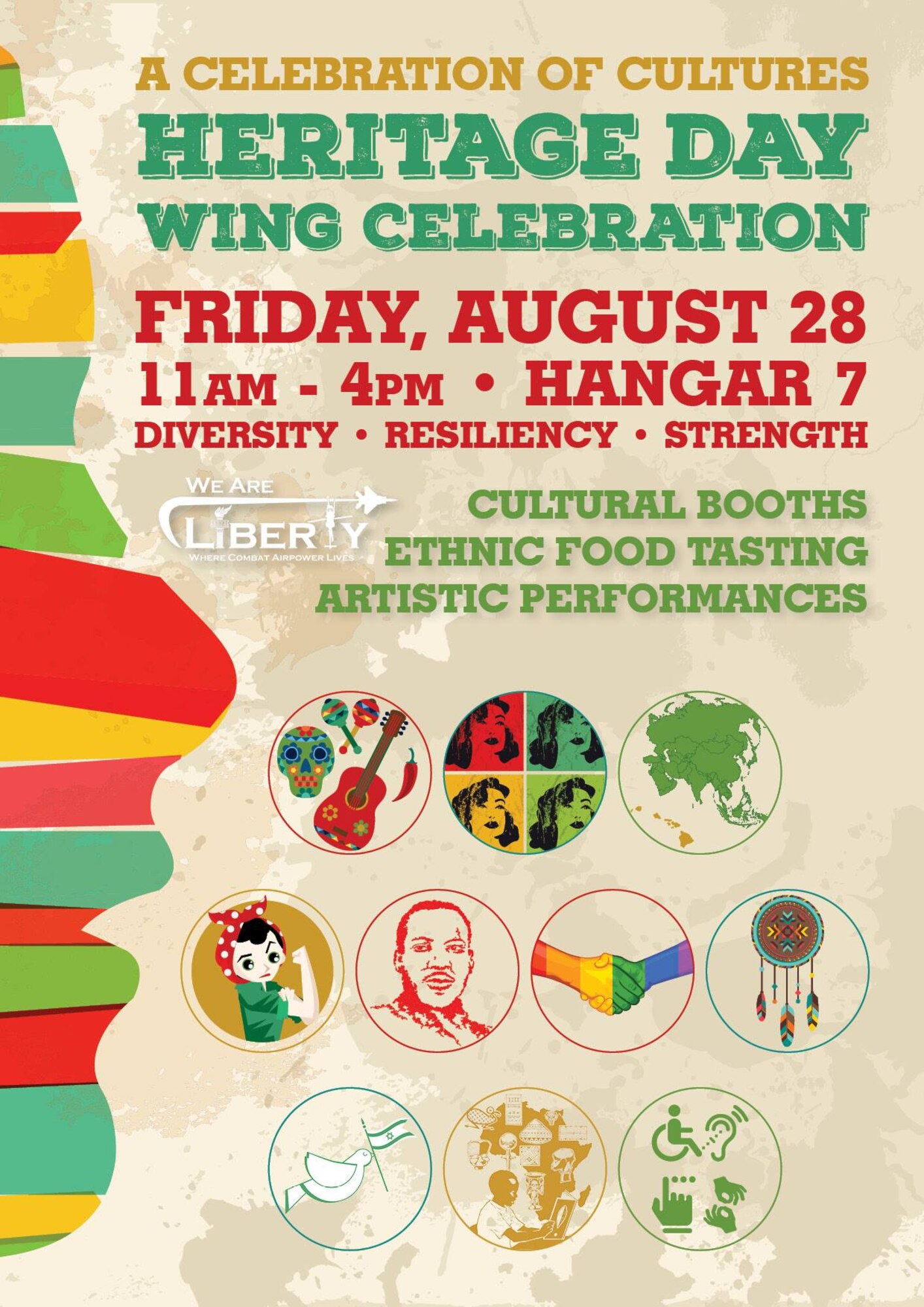 The 48th Fighter Wing will celebrate Wing Heritage Day at Royal Air Force Lakenheath, England, Aug. 28, 2015, in Hangar 7. The event will be open to all base ID card holders beginning at 11 a.m and will feature interactive and informative cultural booths, as well as ethnic food tastings and different artistic performances. (Courtesy flyer)