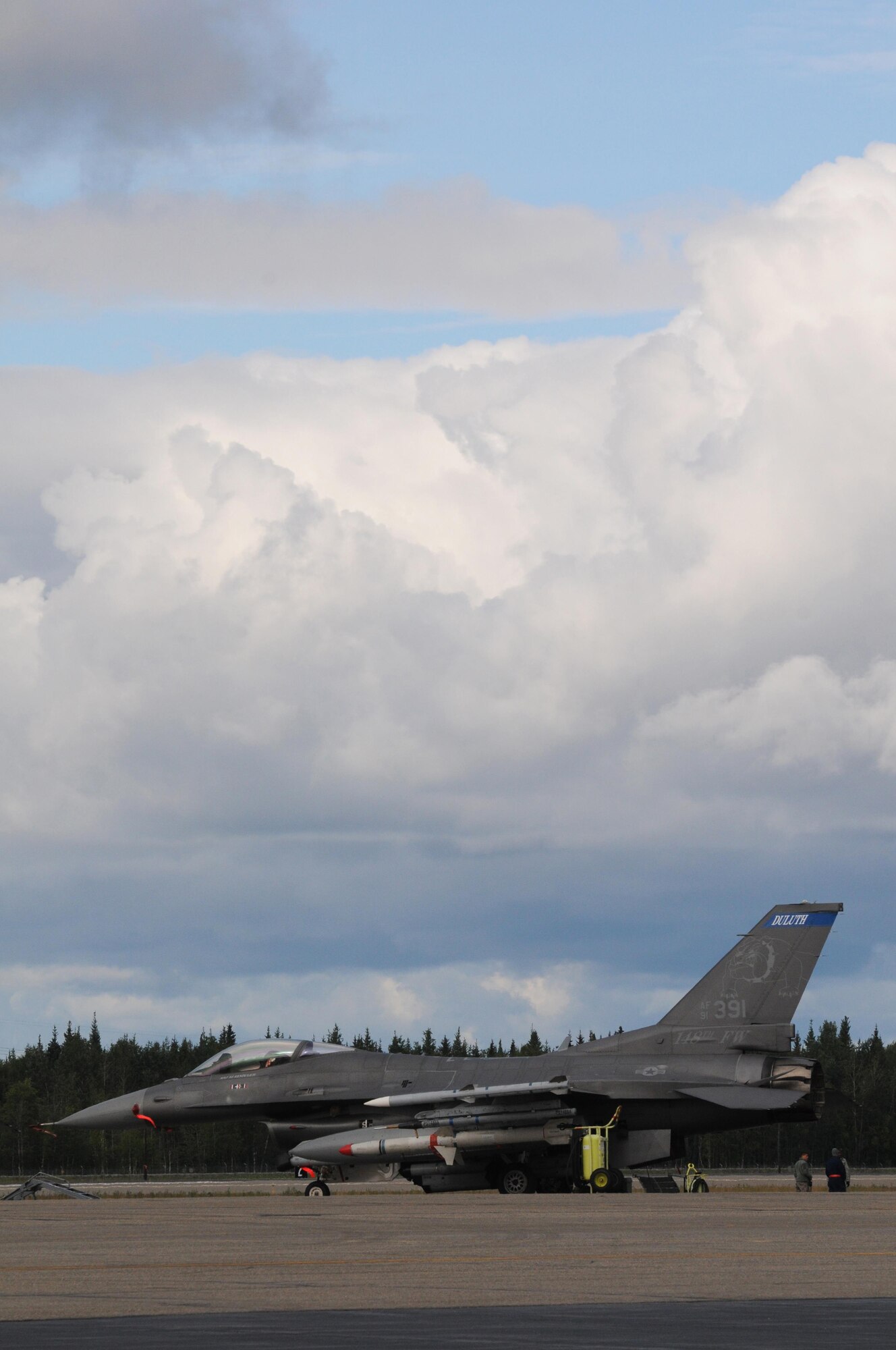A U.S. Air Force F-16 Fighting Falcon from the 148th Fighter Wing, Duluth, Minn., is parked on the ramp at Eielson Air Force Base, Alaska, Aug 11, 2015, during RED FLAG-Alaska 15-3.  RF-A is a Pacific Air Forces commander-directed field training exercise for U.S. and partner nation forces, providing combined offensive counter-air, interdiction, close air support and large force employment training in a simulated combat environment.  (U.S. Air Force photo by Master Sgt. Ralph Kapustka/Released)