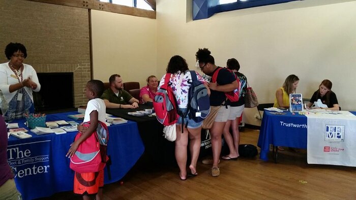 Military children at Joint Base Charleston - Weapons Station picked up school supplies for the 2015-2016 school year during the Operation Homefront Back to School Brigade event Aug. 13 at the Balfour Beatty community center.  Items such as notebooks, pens and pencils as well as calculators were donated by patrons of the Dollar Tree and were distributed by volunteers from Science Applications International Corporation. A second Back to School Brigade event was held at the Forest City community center at JB Charleston - Air Base earlier in the day. Between both locations, approximately 300 backpacks filled with supplies was distributed to military children. (Courtesy photo / 628th Force Support Squadron)

Nearly 300 Joint Base Charleston families were provided free back-to-school supplies Aug. 12, that were donated by patrons of Dollar Tree. One event took place on the Air Base at the Forest City Community Center and the other was on the Weapons Station at the Balfour Beatty Community Center.