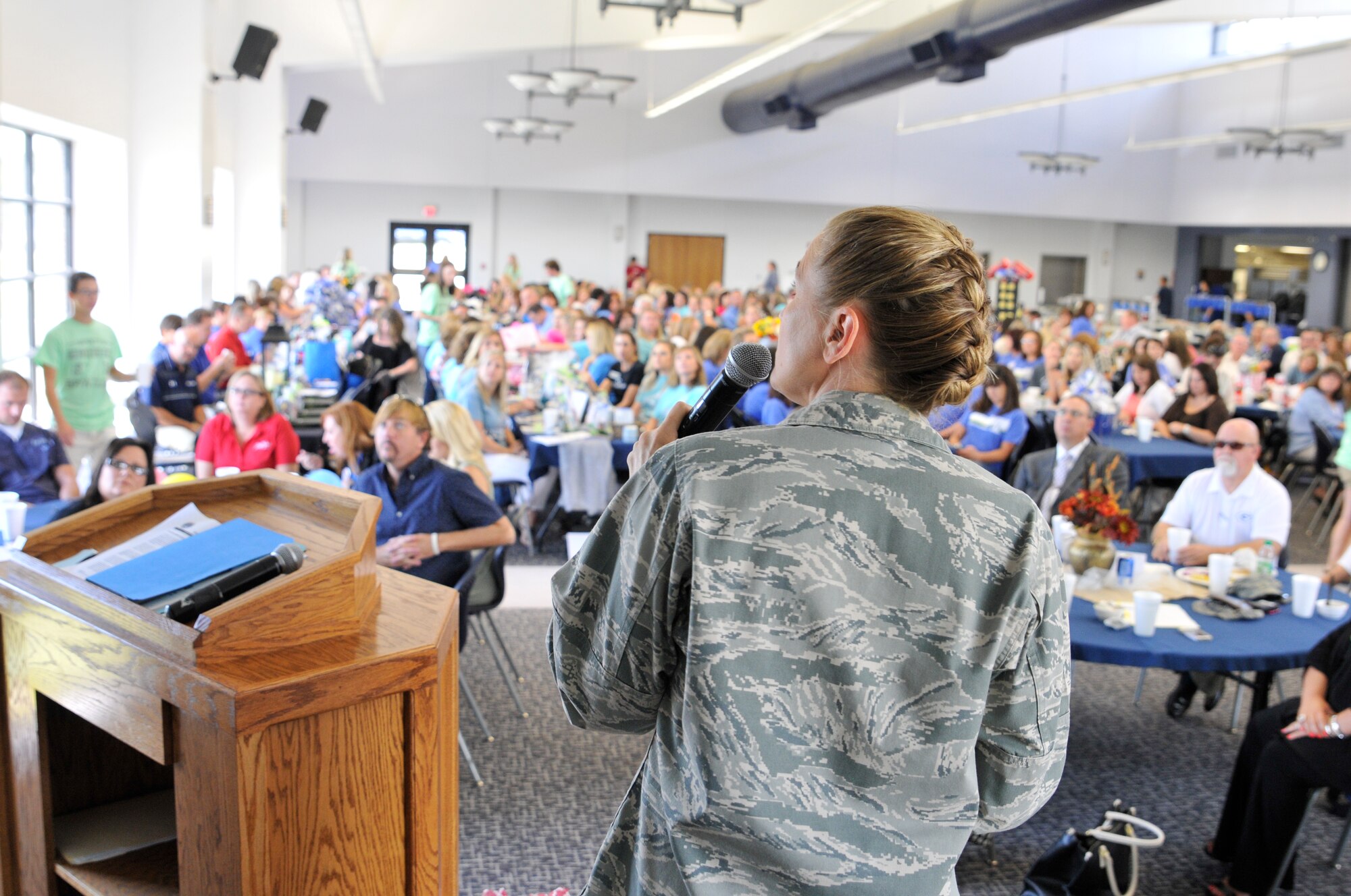 Col. Bobbi Doorenbos, 188th Wing commander, addresses Greenwood school teachers Aug. 13, 2015, at the high school in Greenwood, Ark. Doorenbos was invited to speak to teachers at Greenwood schools as a part of their day of inspiration prior to school starting.  She thanked all the teachers for their dedication and passion, and talked about their positive influence in young people's lives and the community. (U.S. Air National Guard photo by Tech. Sgt. Chauncey Reed/Released)