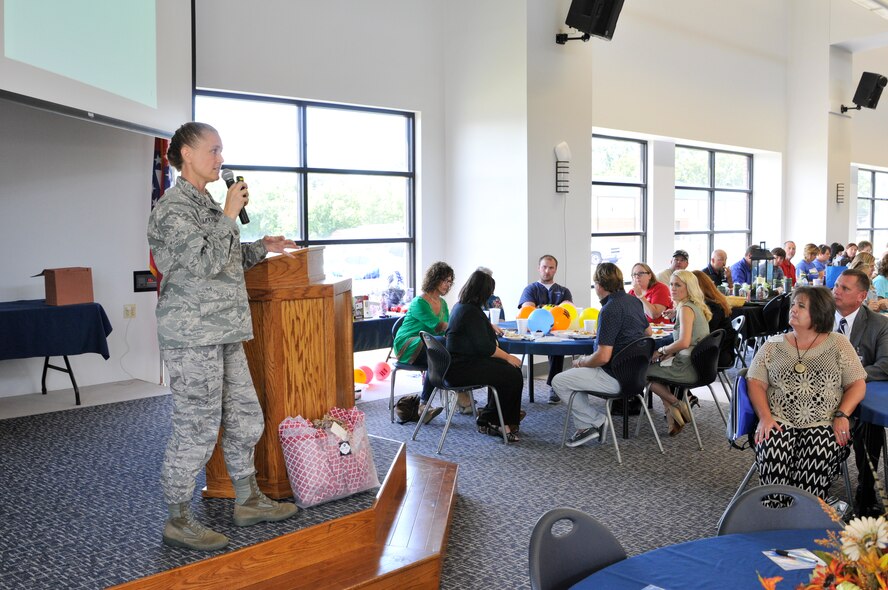 Col. Bobbi Doorenbos, 188th Wing commander, addresses Greenwood school teachers Aug. 13, 2015, at the high school in Greenwood, Ark. Doorenbos was invited to speak to teachers at Greenwood schools as a part of their day of inspiration prior to school starting.  She thanked all the teachers for their dedication and passion, and talked about their positive influence in young people's lives and the community. (U.S. Air National Guard photo by Tech. Sgt. Chauncey Reed/Released)