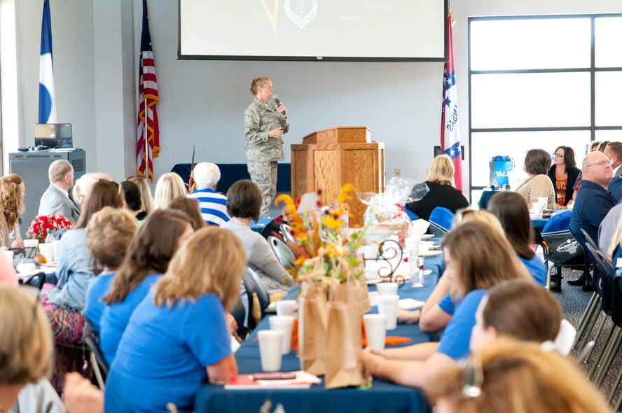 Col. Bobbi Doorenbos, 188th Wing commander, addresses Greenwood school teachers Aug. 13, 2015, at the high school in Greenwood, Ark. Doorenbos was invited to speak to teachers at Greenwood schools as a part of their day of inspiration prior to school starting.  She thanked all the teachers for their dedication and passion, and talked about their positive influence in young people's lives and the community. (U.S. Air National Guard photo by Tech. Sgt. Chauncey Reed/Released)