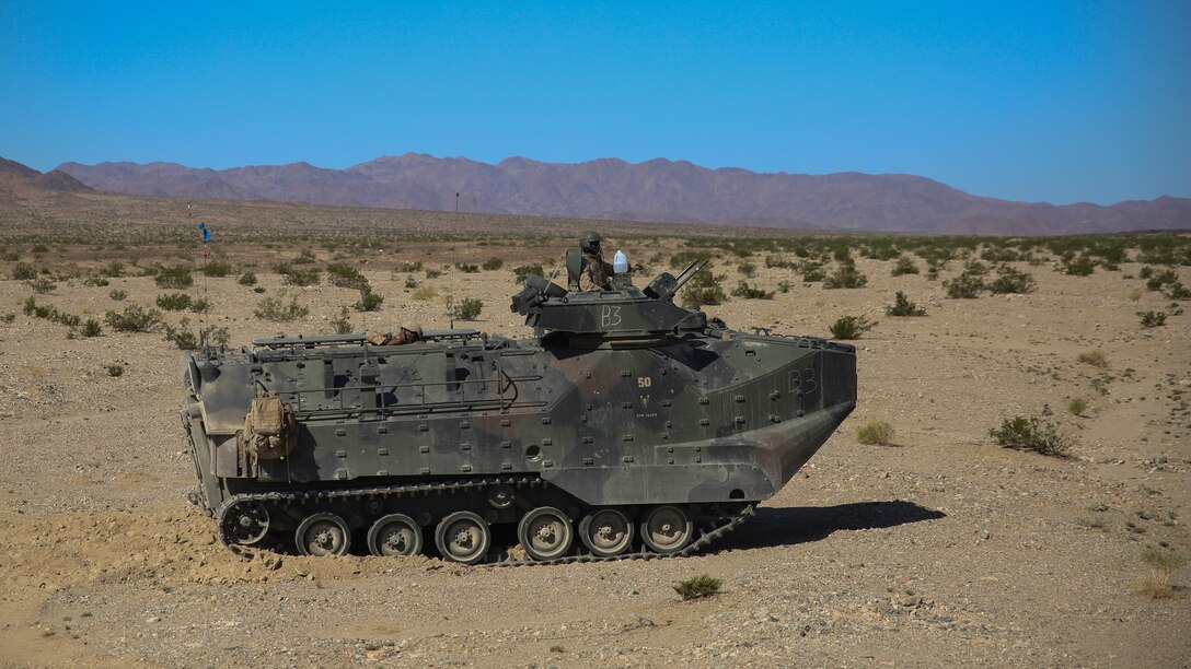 Marines with 1st Battalion, 3rd Marine Regiment used the P7 amphibious assault vehicle to travel to various locations in order to reach their objectives during Large Scale Exercise 15 at Marine Corps Air Ground Combat Center, Twentynine Palms, Calif., Aug. 14 – 15, 2015. LSE-15 is a combined U.S. Marine Corps, Canadian and British exercise conducted at the brigade level, designed to enable live, virtual and constructive training for participating forces.