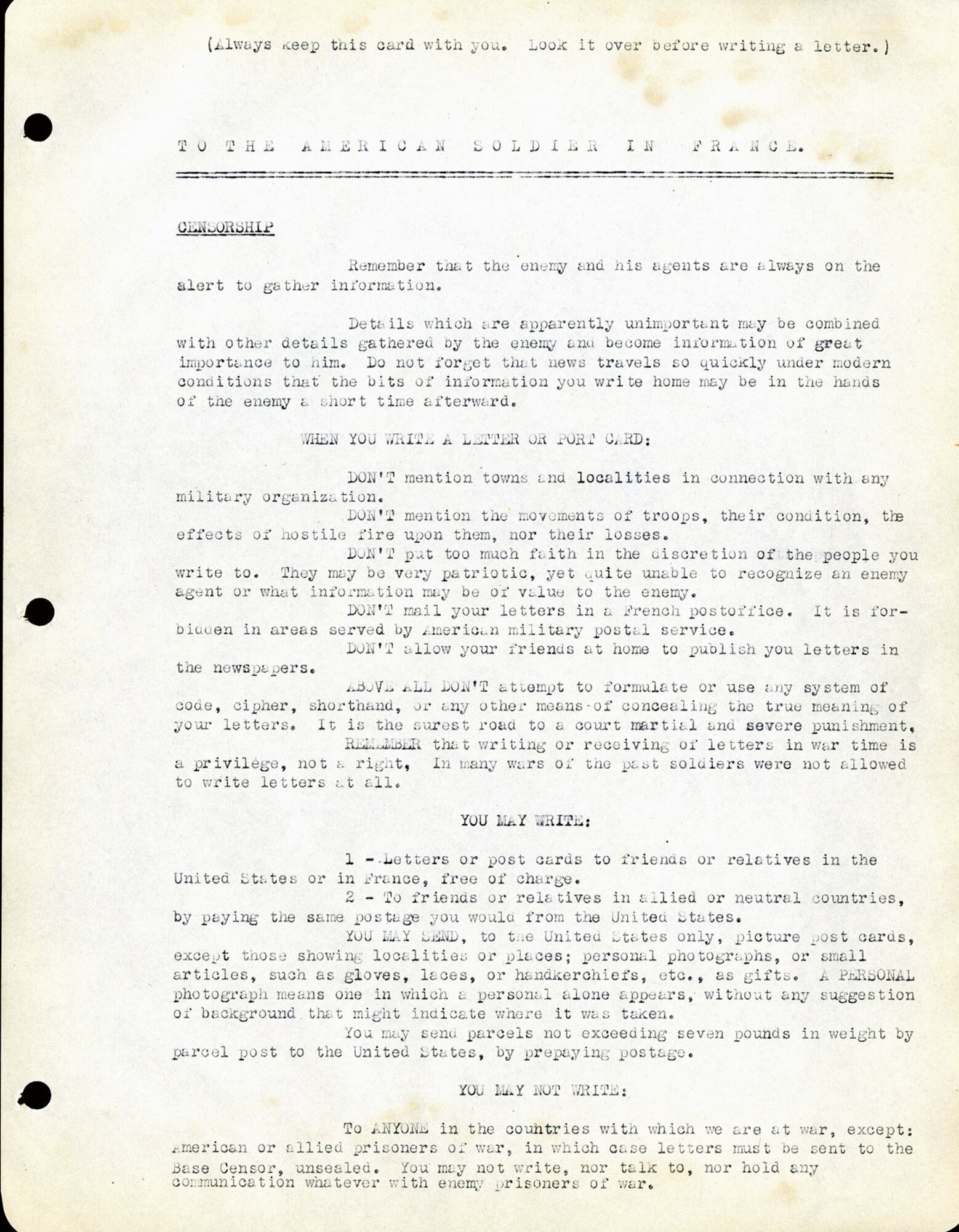 ”To the American Soldier in France” was issued in 1917 through the Adjutant General of the American Expeditionary Forces, Robert C. Davis, by the command of Gen. Pershing. (U.S. Air Force photo)