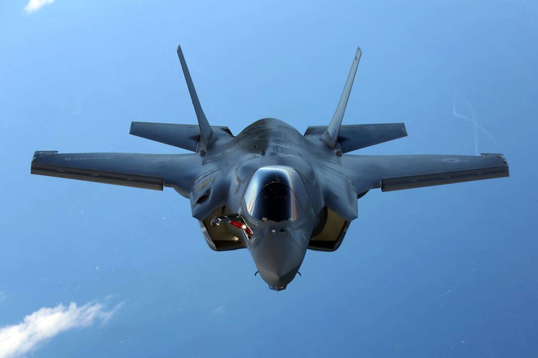 An F-35B joint strike fighter jet conducts aerial maneuvers during aerial refueling training over the Atlantic Ocean, Aug. 13, 2015. The mission of Marine Fighter Attack Training Squadron 501 is to conduct effective training and operations in the F-35B in coordination with joint and coalition partners in order to successfully attain the annual pilot training requirement. VMFAT-501 is based at Marine Corps Air Station Beaufort, South Carolina. (U.S. Marine Corps photo by Cpl. N.W. Huertas/Released)
