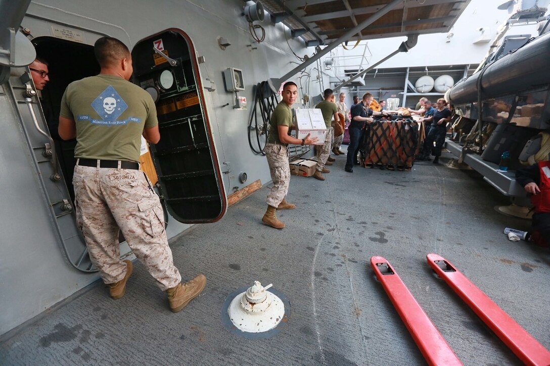 GULF OF ADEN (Aug. 15, 2015) U.S. Marines and Sailors with 15th Marine Expeditionary Unit and the Essex Amphibious Ready Group help sort mail received from the USNS John Ericsson (T-AO 194) during a replenishment-at-sea. The 15th Marine Expeditionary Unit is embarked aboard the amphibious transport dock ship USS Anchorage (LPD 23), part of the Essex Amphibious Ready Group, and is deployed in support of maritime security operations and theater security cooperation efforts in the U.S. 5th Fleet area of operations. (U.S. Marine Corps photo by Sgt. Steve H. Lopez/ Released)