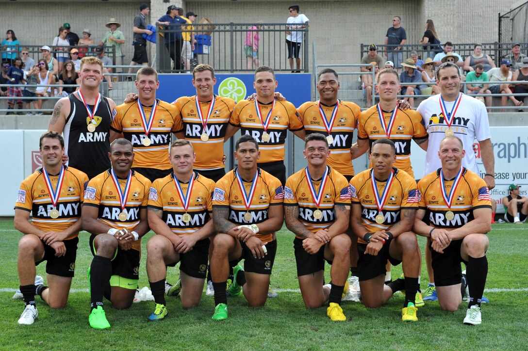 The 2015 Armed Forces Rugby Sevens champion All-Army team: front row, left to right: Capt. Andrew Locke of Fort Carson, Colo., Pfc. Solomone Kepa of Joint Base Langley-Eustis, Va., Ohio Army National Guard Spc. Zach Forro; 1st. Lt. Ben Leatigaga of Fort Carson, Spc. Faleniko Spino of Joint Base Lewis-McChord, Wash., Spc. Stephen Johnson of Fort Bragg, N.C., Maj. Nate Conkey of Joint Base Lewis-McChord. Back row: 1st Lt. Aaron Retter of Fort Campbell, Ky., Michigan Army National Guad Sgt. Anthony Welmers, 1st Lt. William Holder of Fort Carson, Spc. Michael Melendez-Rivera of Fort Bragg, N.C., Sgt. Mattie Tago of Fort Carson, Sgt. Nuuese Punimata of Fort Carson, South Carolina Arm National Guard Capt. John Bryant. U.S. Army photo by Tim Hipps, IMCOM Public Affairs
