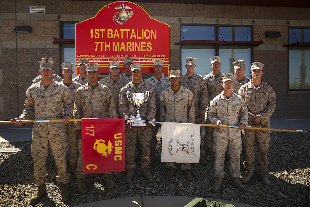 Members of 1st Battalion, 7th Marine Regiment’s ‘super squad’ display the Mitchell Cup outside of their headquarters building. The ‘First Team’ super squad was awarded the trophy after competing in and winning this year’s Marine Corps Super Squad competition aboard Marine Corps Base Camp Pendleton, July 30, 2015. (Official Marine Corps photo by Lance Cpl. Medina Ayala-Lo/Released)