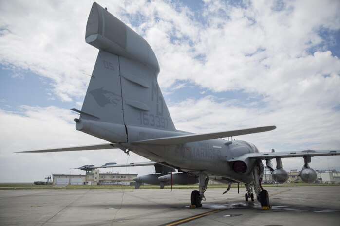 An EA-6B Prowler with Marine Tactical Electronic Warfare Squadron (VMAQ) 3, the “Moon Dogs,” arrives at Marine Corps Air Station Iwakuni, Japan, in support of the unit deployment program, Aug. 7, 2015. VMAQ-3 conducts training locally and abroad to achieve qualifications for the Marines and aircraft while supporting the day to day operations of Marine Aircraft Group 12 aboard the air station.