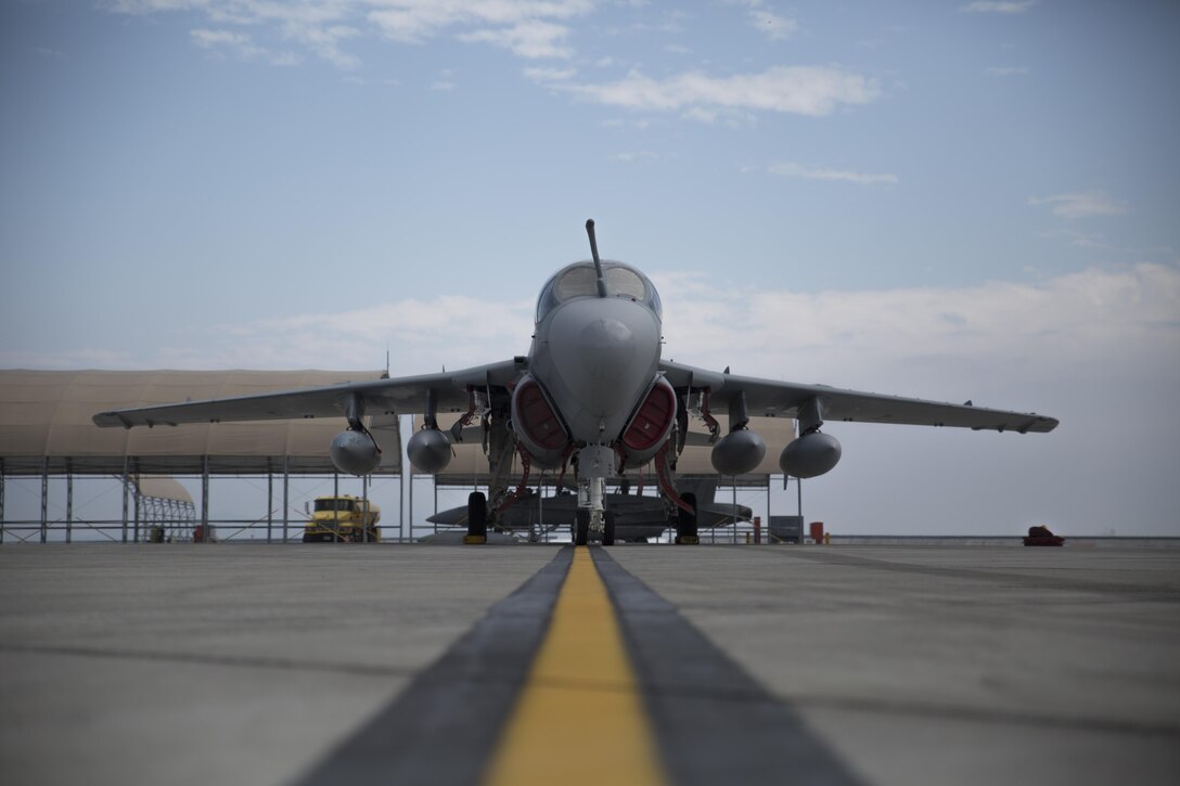 An EA-6B Prowler with Marine Tactical Electronic Warfare Squadron (VMAQ) 3, the “Moon Dogs,” arrives at Marine Corps Air Station Iwakuni, Japan, in support of the unit deployment program, Aug. 7, 2015. VMAQ-3 brought approximately 200 Marines and approximately five EA-6B Prowlers, to conduct airborne electronic warfare in support of  U.S. Pacific Command.