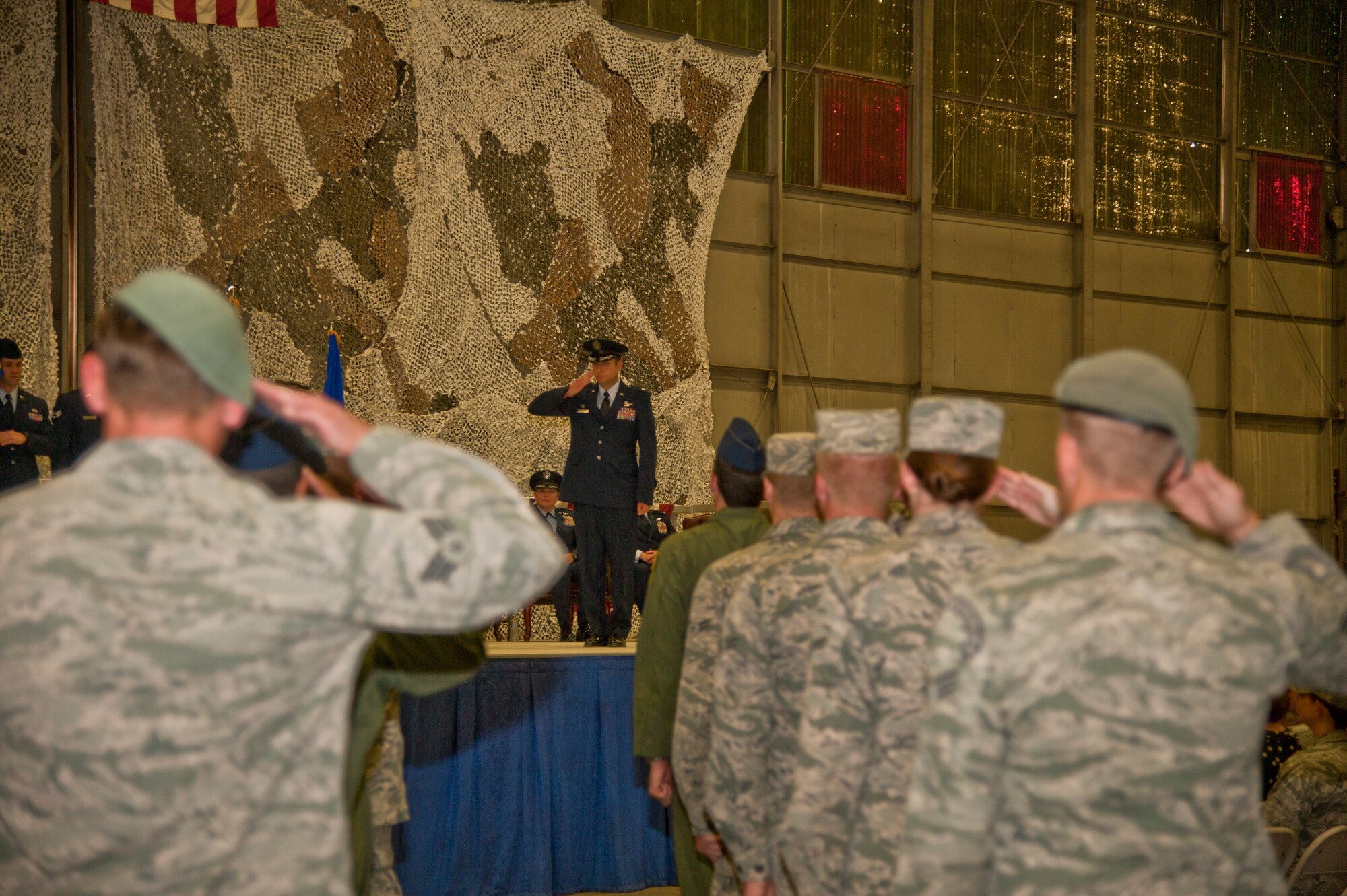 Lt. Col. Jason Snyder, 36th Rescue Squadron commander, receives his first salute from his squadron Aug. 14, 2015, at Fairchild Air Force Base, Wash. Snyder was the commander for the 36th Rescue Flight prior to the unit becoming a squadron. (U.S. Air Force photo/Airman 1st Class Taylor Bourgeous)