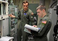 2nd Lt. Michael McCrary, 10th Missile Squadron deputy crew commander, left, and 1st Lt. Ian Sylvester, 10th MS crew commander, use a checklist to confirm communications equipment is correctly set Aug. 8, 2015, during a training session in the missile procedures trainer at Malmstrom Air Force Base, Mont., for Global Strike Challenge 2015. The crew is one of three from the 341st Operations Group that will compete Aug. 31 against Minot AFB, N.D., and F.E. Warren AFB, Wyo., in Air Force Global Strike Command’s ICBM Operations competition. (U.S. Air Force photo/ John Turner)