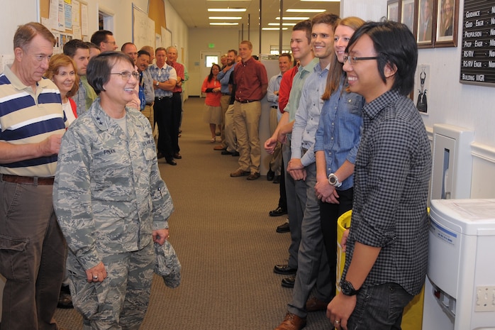 Maj. Gen. Sandra E. Finan, Air Force Nuclear Weapons Center commander, meets with ICBM Ground Systems Division personnel during her visit to Hill Air Force Base, Utah, Wednesday, Aug. 19. While at Hill, Finan participated in test launch activities, met with ICBM organizations, and recognized superior performers for their outstanding work. Headquartered at Kirtland Air Force Base, N.M., to capitalize on key mission partner locations, the mission of AFNWC is to "Deliver nuclear capabilities and winning solutions warfighters use daily to deter and assure."  The center consists of the 377th Air Base Wing and two wing-equivalent directorates: Nuclear Capabilities Directorate and Intercontinental Ballistic Missiles Systems Directorate.  The Center also includes 10 staff functional directorates. (U.S. Air Force Photo by Todd Cromar/Released)