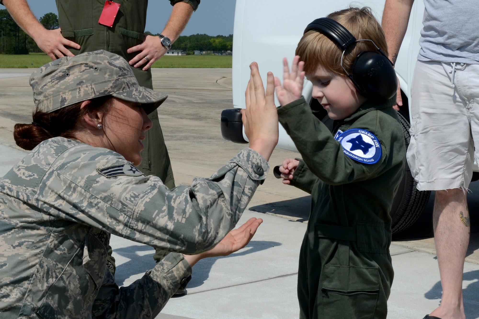 Declan Alexander visits McEntire Joint National Guard Base, Eastover, S.C., as the Swamp Fox “Pilot for a Day”, Aug. 15, 2015. Declan spent the day with U.S. Air Force 1st Lt. Cody "Rail" May, a fighter pilot with the 157th Fighter Squadron, and watched F-16 fighter jets land, toured aircrew flight equipment, sat in the cockpit of an F-16, and took a ride in a fire truck. The Pilot for a Day program is an opportunity for disadvantaged or seriously ill children to spend a day with members of the South Carolina Air National Guard. (S.C. Air National Guard photo by Airman 1st Class Ashleigh Pavelek/Released)