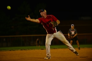 U.S. Army Staff Sgt. William Kelgard, 359th Inland Cargo Transfer Company Chaos pitcher, pitches to a U.S. Army Training and Doctrine Command team batter during the Fort Eustis Intramural Softball tournament championship game at Fort Eustis, Va., Aug. 14, 2015. The ICTC team lost the championship, but won third overall with a 7-3 record. (U.S. Air Force photo by Staff Sgt. Natasha Stannard/Released)