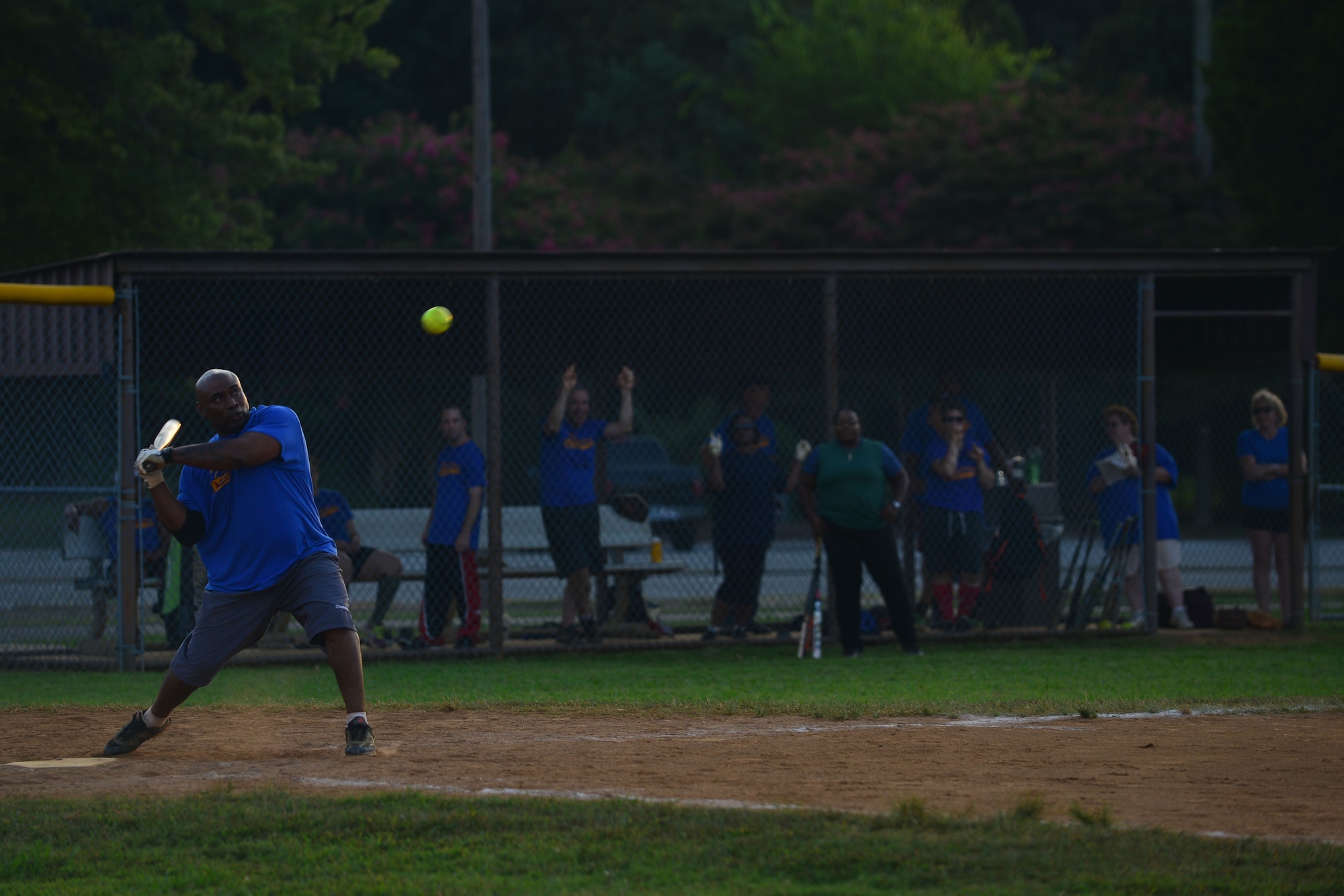 U.S. Army Sgt. 1st Class Deametrious Bagwell, U.S. Army Training and Doctrine Command team pitcher, prepares to swing during the Fort Eustis Intramural Softball tournament championship game at Fort Eustis, Va., Aug. 14, 2015. After beating the 149th Transportation Company Spartans, TRADOC moved on to the double elimination championship game against the 359th Inland Cargo Transfer Company Chaos team. (U.S. Air Force photo by Staff Sgt. Natasha Stannard/Released)