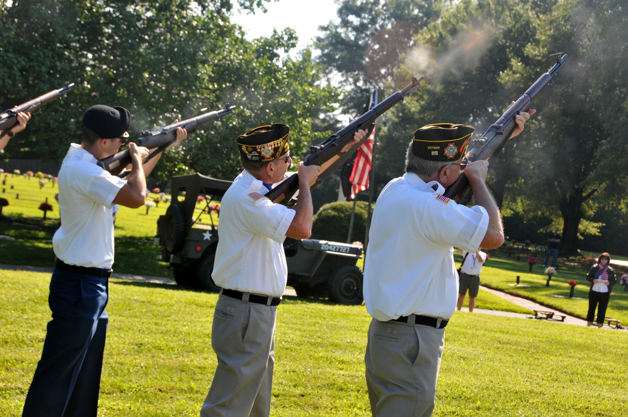 Williamsburg Veterans of Foreign Wars members provide a 21-gun salute during the "Spirit of '45 Day," ceremony at Williamsburg Memorial Park, Va., Aug 16, 2015.  Communities across the nation were invited to organize commemorative activities to highlight the service and sacrifice of America's heroes. (U.S. Army photo by Greg Mueller/Released)
