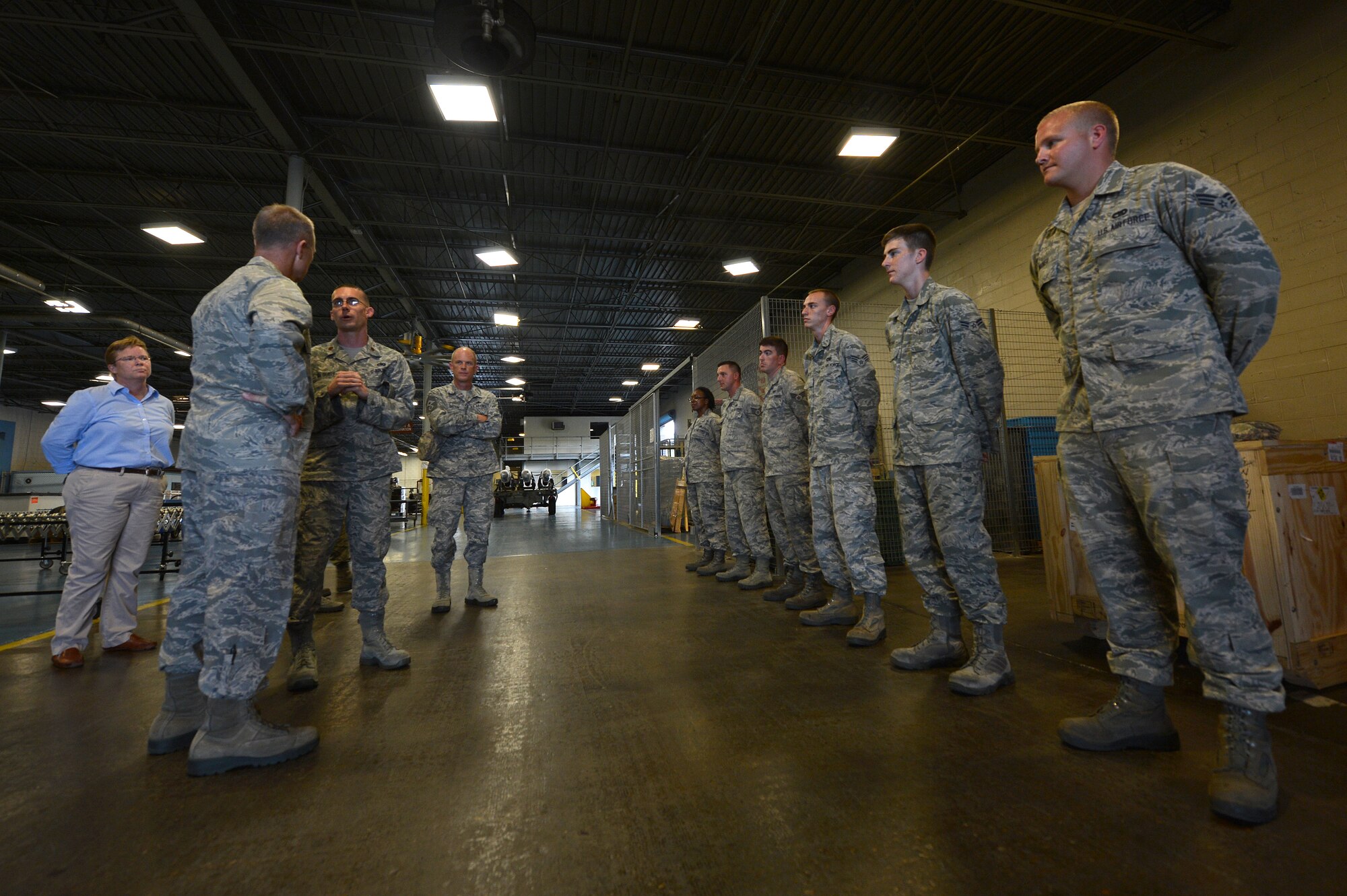 U.S. Air Force Maj. Gen. Mark Kelly, Ninth Air Force commander, speaks to 20th Logistics Readiness Squadron Airmen during an immersion tour at Shaw Air Force Base, S.C., Aug. 6, 2015. The LRS Airmen briefed the commander on their innovation to improve truck loading techniques. (U.S. Air Force photo by Senior Airman Diana M. Cossaboom/Released)