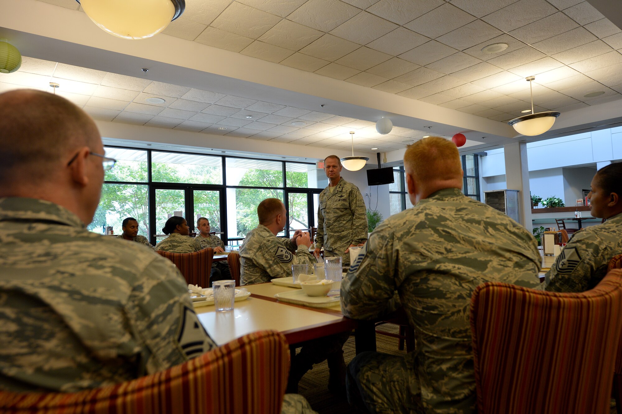 U.S. Air Force Maj. Gen. Mark Kelly, Ninth Air Force commander, speaks to Team Shaw first sergeants at a luncheon during an immersion tour at Shaw Air Force Base, S.C., Aug. 6, 2015. The lunch gave Kelly the opportunity to meet with and discuss his expectations of the first sergeants on base. (U.S. Air Force photo by Senior Airman Diana M. Cossaboom/Released)
