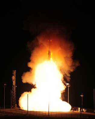 An unarmed Minuteman III intercontinental ballistic missile launches at 3:03 a.m. Pacific Daylight Time, Aug. 19, 2015, at Vandenberg Air Force Base, Calif. The missile was randomly selected from Minot AFB, N.D. as a part of the system's operational test and evaluation program, which provides valuable data to evaluators and validates the reliability of the ICBM fleet. (U.S. Air Force photo by Joe Davila)