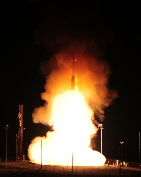 An unarmed Minuteman III intercontinental ballistic missile launches at 3:03 a.m. Pacific Daylight Time, Aug. 19, 2015, at Vandenberg Air Force Base, Calif. The missile was randomly selected from Minot AFB, N.D. as a part of the system's operational test and evaluation program, which provides valuable data to evaluators and validates the reliability of the ICBM fleet. (U.S. Air Force photo by Joe Davila)