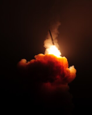 An unarmed Minuteman III intercontinental ballistic missile launches at 3:03 a.m. Pacific Daylight Time, Aug. 19, 2015, at Vandenberg Air Force Base, Calif. The missile was randomly selected from Minot AFB, N.D. as a part of the system's operational test and evaluation program, which provides valuable data to evaluators and validates the reliability of the ICBM fleet. (U.S. Air Force photo by Joe Davila)