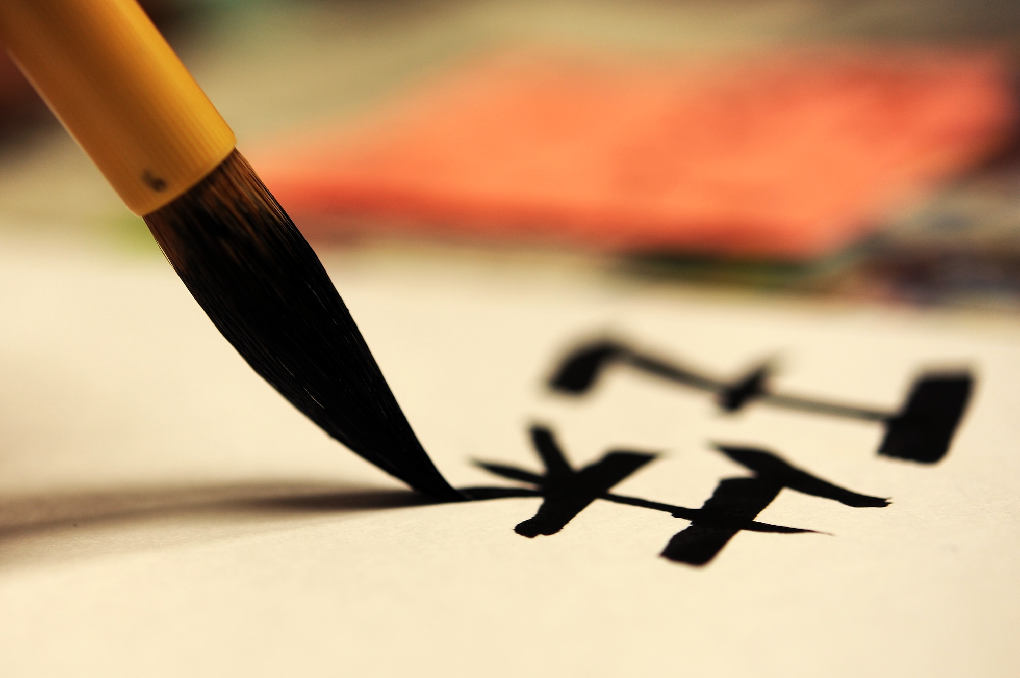 A Kadena High School student learns to write her name in kanji at an English Summer Camp in Naha, Japan, Aug. 14, 2015. American middle and high school students participated in several activities designed to expose them to Japanese culture while Japanese elementary and middle school students explained each activity to them, allowing them to practice their English speaking skills. (U.S. Air Force photo by Airman 1st Class Zade C. Vadnais)