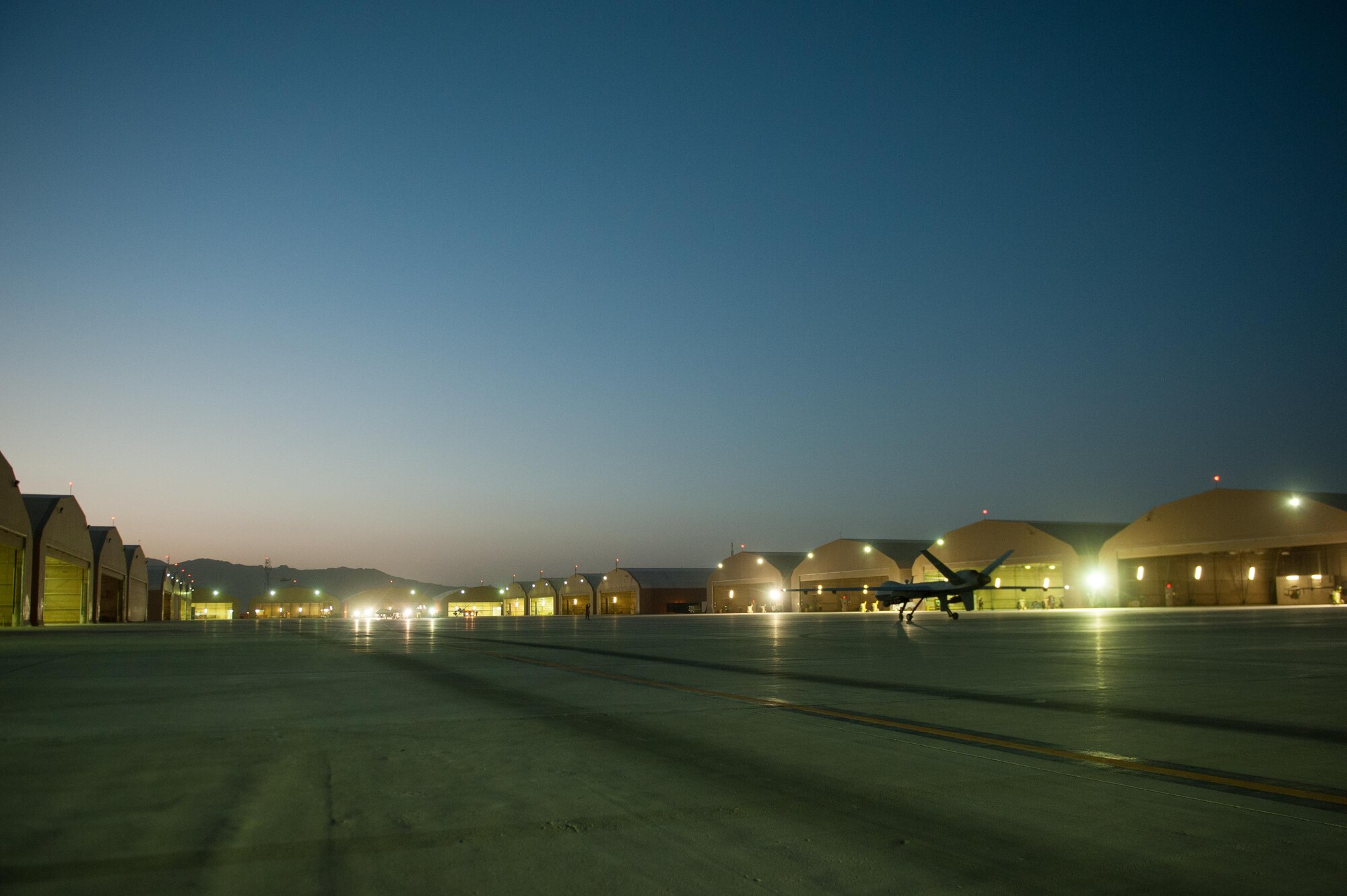 A U.S. Air Force MQ-9 Reaper assigned to the 62nd Expeditionary Reconnaissance Squadron taxis after landing at Kandahar Airfield, Afghanistan, Aug. 13, 2015.  The 62nd ERS operates the MQ-1 Predator and Reaper aircraft and provides world-class close air support, intelligence, surveillance and reconnaissance capabilities in Afghanistan. (U.S. Air Force photo by Tech. Sgt. Joseph Swafford/Released) 
