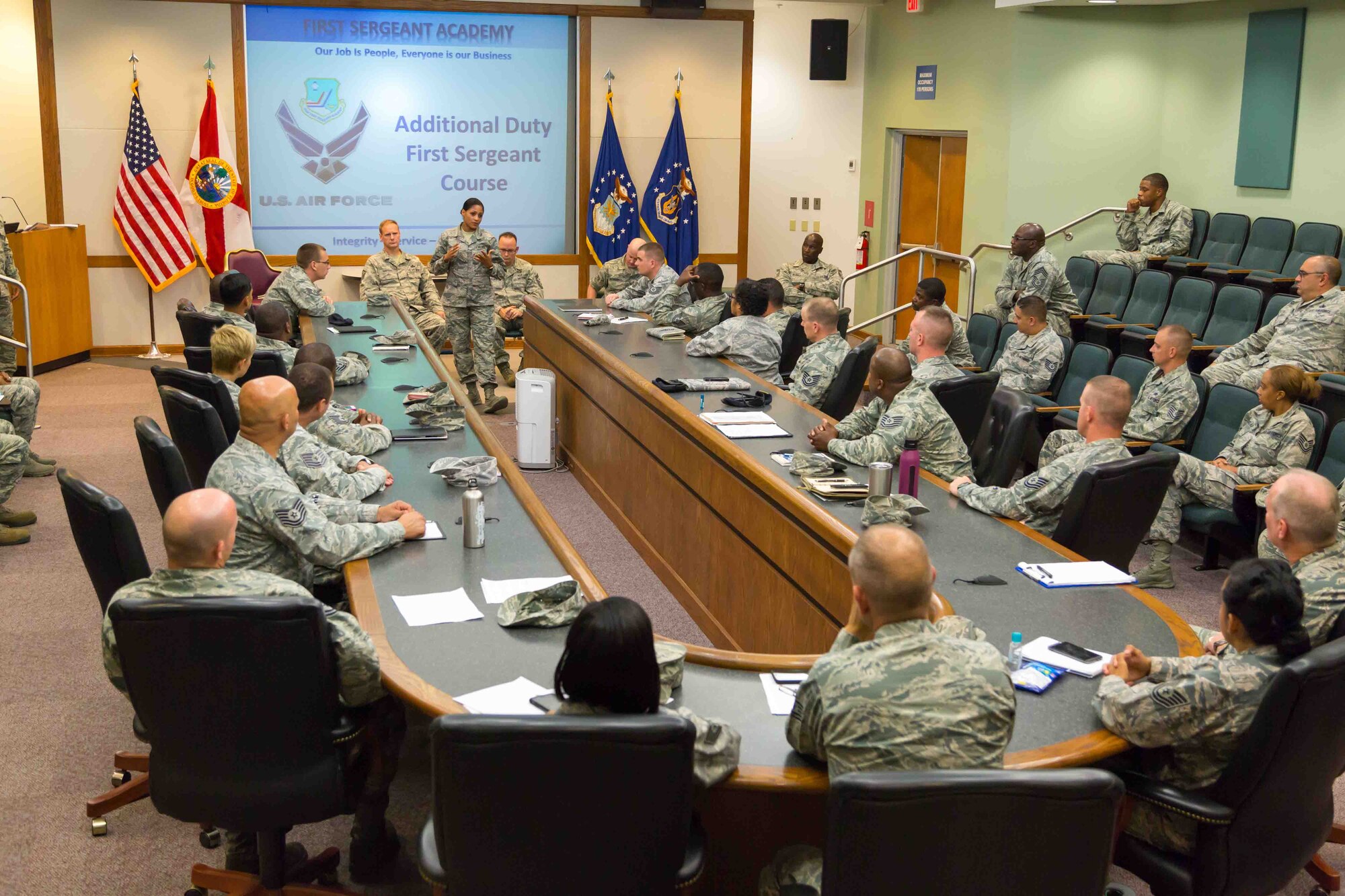 Members of Team Homestead receive guidance Aug. 9, during an Additional Duty First Sergeants Seminar held at Homestead Air Reserve Base, Fla. The seminar was the first-ever and focused on educating 32 members on the art of filling the role of a first sergeant. (U.S. Air Force photo by Tech. Sgt. Lionel Castellano)
