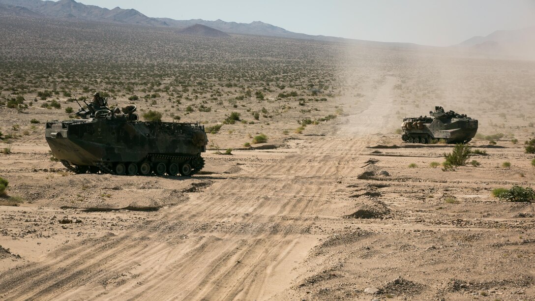 Amphibious Assault Vehicles operators with 1st Battalion, 3rd Marine Regiment, provide security along a road during a live-fire and maneuver exercise in support of Large Scale Exercise 15 in the vicinity of the Blacktop Training Area aboard the Combat Center, Aug. 15, 2015. The LSE held aboard the Combat Center provides units with the physical dimensions required to train operating as a Marine Air Ground Task Force. 