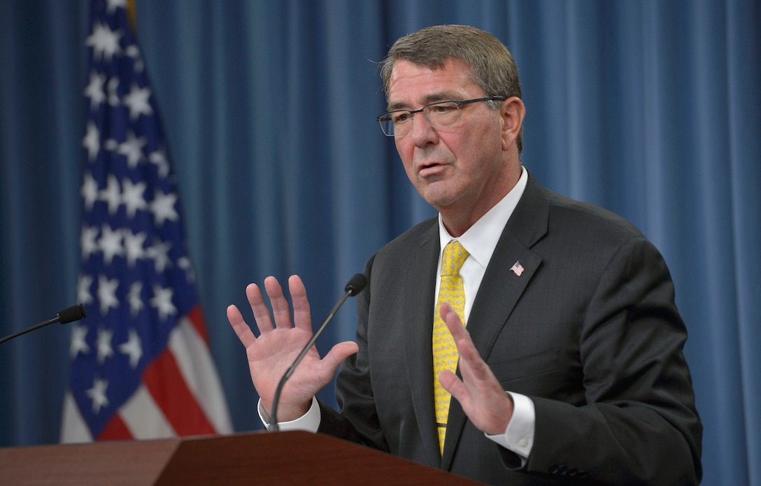 Defense Secretary Ash Carter briefs reporters at the Pentagon, Aug. 20, 2015, answering questions on regional threats across the globe and potential budget  logjams in Congress this fall. Carter also pointed out the recent graduation of the first two female soldiers from the Army Ranger School, a milestone in the Defense Department's plan to test the integration of women in combatant roles. DoD photo by Glenn Fawcett 