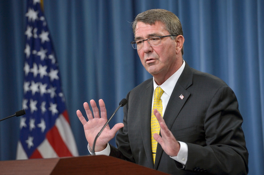 Defense Secretary Ash Carter briefs reporters at the Pentagon, Aug. 20, 2015, answering questions on regional threats across the globe and potential budget logjams in Congress this fall. Carter also pointed out the recent graduation of the first two female soldiers from the Army Ranger School, a milestone in the Defense Department's plan to test the integration of women in combatant roles. DoD photo by Glenn Fawcett