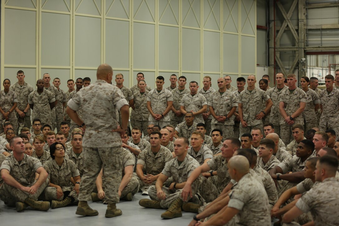 The future commandant of the U.S. Marine Corps visited Marines, sailors and Coast Guardsmen with Special-Purpose Marine Air-Ground Task Force Crisis Response-Africa Detachment A, Aug. 15, on Naval Air Station Sigonella, Italy. Lt. Gen. Robert B. Neller, currently the commander of U.S. Marine Corps Forces Command and U.S. Marine Corps Forces Europe, is making his way to speak with the crisis response forces throughout Europe as part of his farewell tour before he assumes the top seat in the Marine Corps next month.