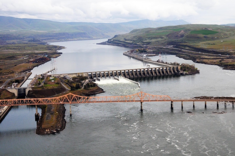 The Dalles Lock and Dam is located on the Columbia River near The Dalles, Oregon. 