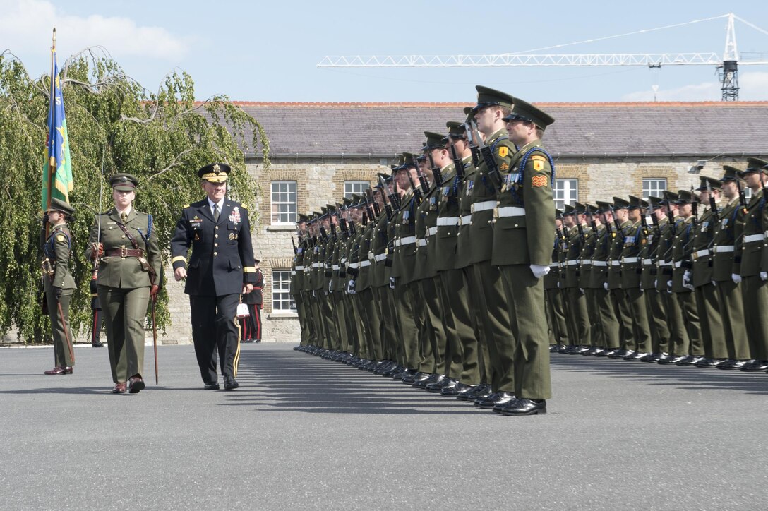 U.S.Army Gen. Martin E. Dempsey, chairman of the Joint Chiefs of Staff, conducts a pass and review of an Irish honor guard at the Cathal Brugha Barracks in Dublin, Aug. 18, 2015. DoD photo by D. Myles Cullen