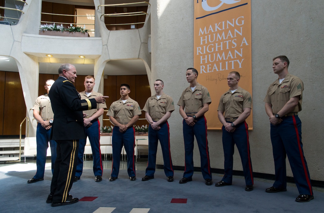 U.S. Army Gen. Martin E. Dempsey, chairman of the Joint Chiefs of Staff, talks with U.S. Marines assigned to the U.S. Embassy in Dublin,  Aug. 18, 2015. Dempsey answered their questions and thanked them for their service. DoD photo by D. Myles Cullen