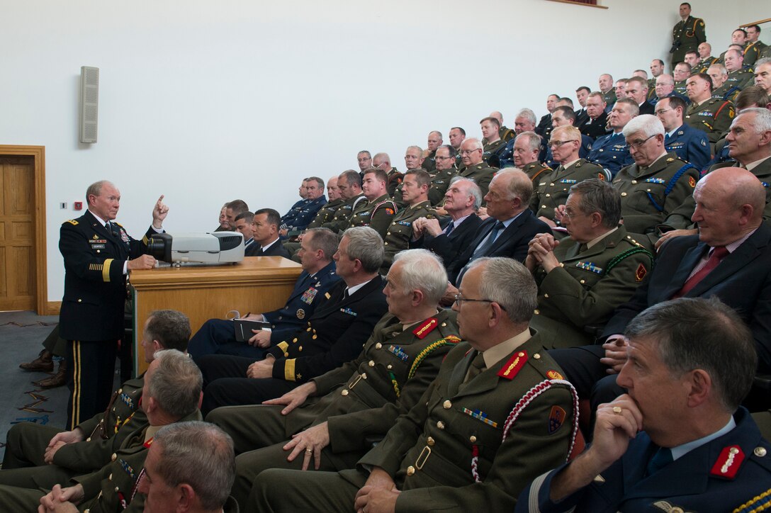 U.S. Army Gen. Martin E. Dempsey, chairman of the Joint Chiefs of Staff, speaks with senior leaders from the Irish Defense Forces about global security and the profession of the military at Cathal Brugha Barracks in Dublin, Aug. 18, 2015. DoD photo by D. Myles Cullen