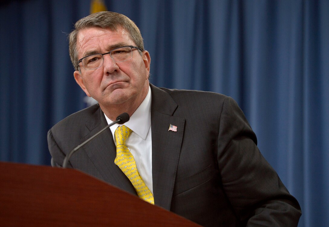 Defense Secretary Ash Carter briefs reporters at the Pentagon Aug. 20, 2015, on issues including regional threats across the globe and potential budget logjams in Congress this fall. Carter also pointed out the recent graduation of the first two female soldiers of Army Ranger School, a milestone in the Defense Department's plan to test the integration of women in combatant roles. DoD Photo by Glenn Fawcett